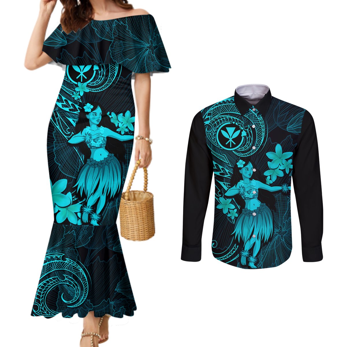 Hawaii Couples Matching Mermaid Dress and Long Sleeve Button Shirts Hula Girl Mix Polynesian Plumeria Turquoise Version LT14 Turquoise - Polynesian Pride