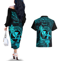 Hawaii Couples Matching Off The Shoulder Long Sleeve Dress and Hawaiian Shirt Hula Girl Mix Polynesian Plumeria Turquoise Version LT14 - Polynesian Pride