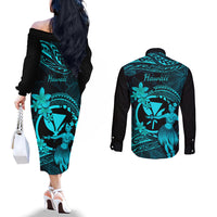 Hawaii Couples Matching Off The Shoulder Long Sleeve Dress and Long Sleeve Button Shirts Hula Girl Mix Polynesian Plumeria Turquoise Version LT14 - Polynesian Pride