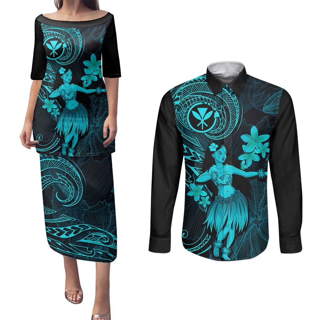 Hawaii Couples Matching Puletasi Dress and Long Sleeve Button Shirts Hula Girl Mix Polynesian Plumeria Turquoise Version LT14 Turquoise - Polynesian Pride