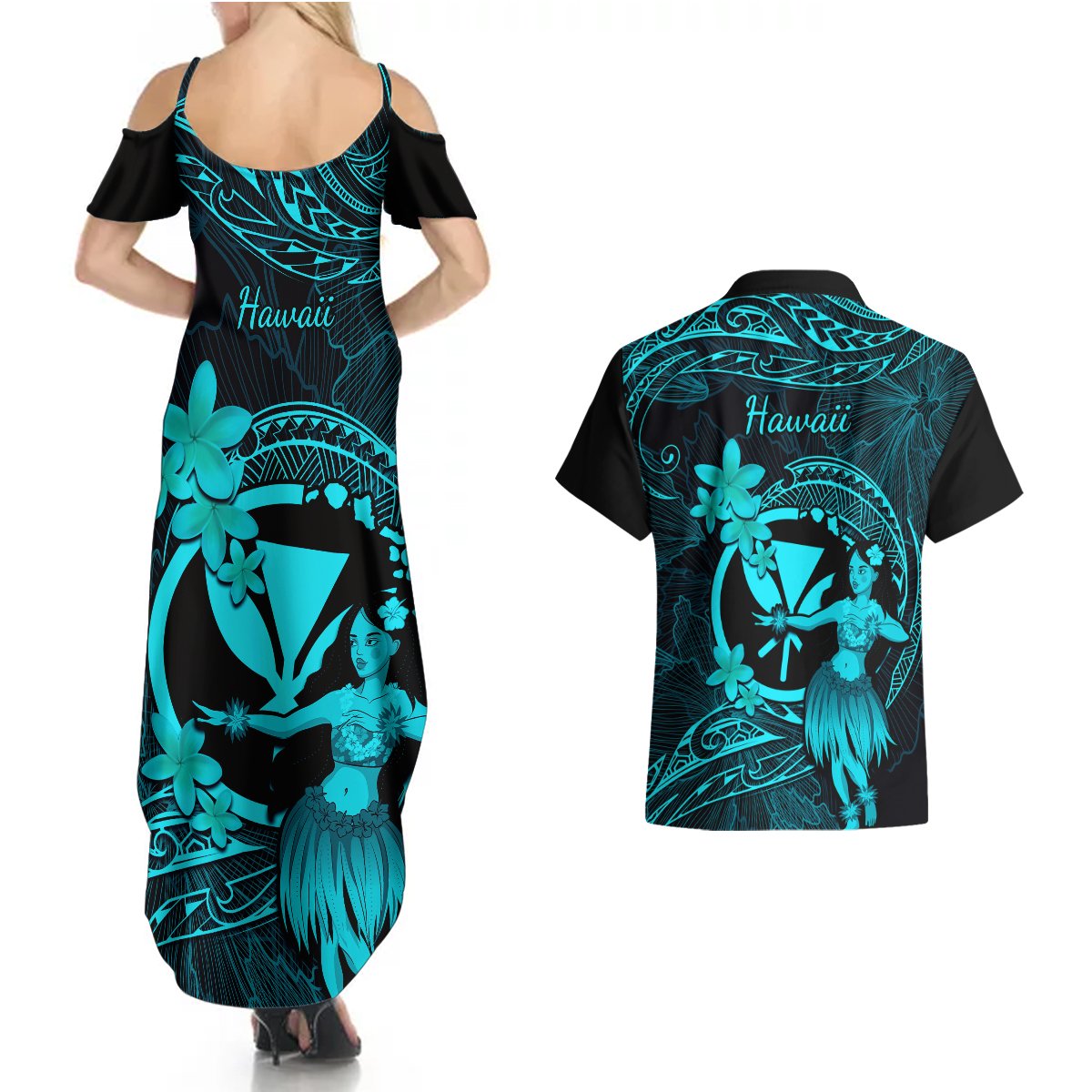 Hawaii Couples Matching Summer Maxi Dress and Hawaiian Shirt Hula Girl Mix Polynesian Plumeria Turquoise Version LT14 - Polynesian Pride