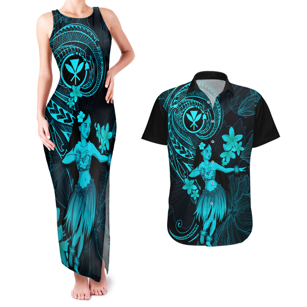 Hawaii Couples Matching Tank Maxi Dress and Hawaiian Shirt Hula Girl Mix Polynesian Plumeria Turquoise Version LT14 Turquoise - Polynesian Pride