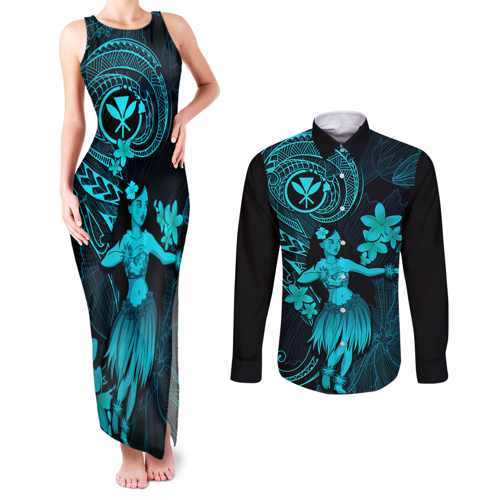 Hawaii Couples Matching Tank Maxi Dress and Long Sleeve Button Shirts Hula Girl Mix Polynesian Plumeria Turquoise Version LT14 Turquoise - Polynesian Pride
