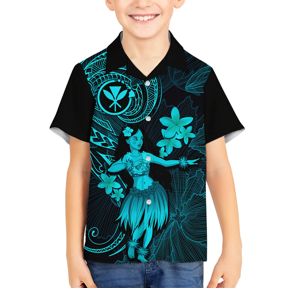 Hawaii Kid Hawaiian Shirt Hula Girl Mix Polynesian Plumeria Turquoise Version LT14 - Polynesian Pride