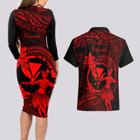 Hawaii Couples Matching Long Sleeve Bodycon Dress and Hawaiian Shirt Hula Girl Mix Polynesian Plumeria Red Version LT14 - Polynesian Pride