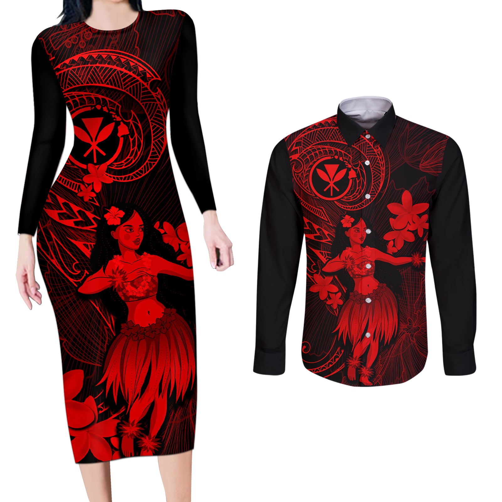 Hawaii Couples Matching Long Sleeve Bodycon Dress and Long Sleeve Button Shirts Hula Girl Mix Polynesian Plumeria Red Version LT14 Red - Polynesian Pride