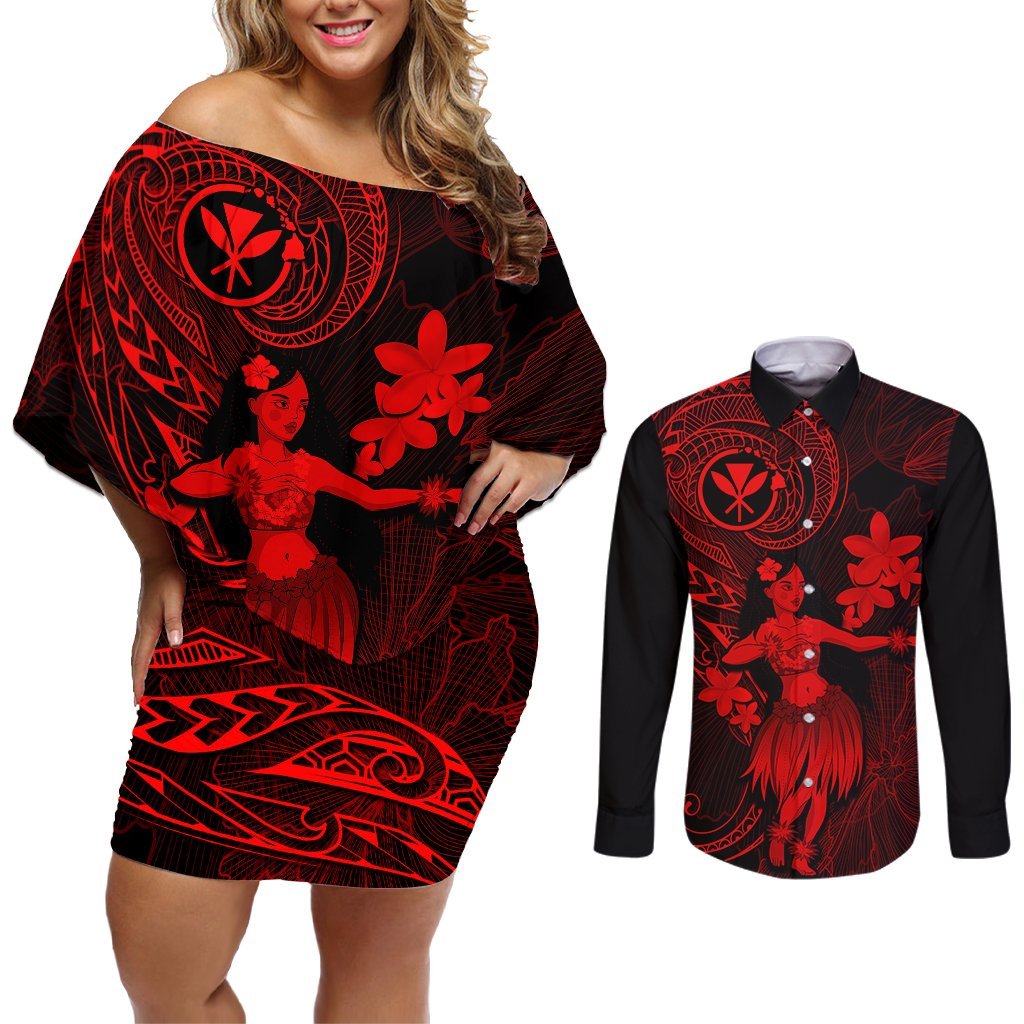 Hawaii Couples Matching Off Shoulder Short Dress and Long Sleeve Button Shirts Hula Girl Mix Polynesian Plumeria Red Version LT14 Red - Polynesian Pride