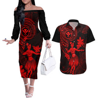 Hawaii Couples Matching Off The Shoulder Long Sleeve Dress and Hawaiian Shirt Hula Girl Mix Polynesian Plumeria Red Version LT14 Red - Polynesian Pride