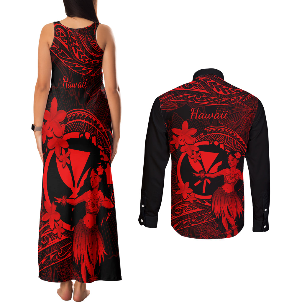 Hawaii Couples Matching Tank Maxi Dress and Long Sleeve Button Shirts Hula Girl Mix Polynesian Plumeria Red Version LT14 - Polynesian Pride