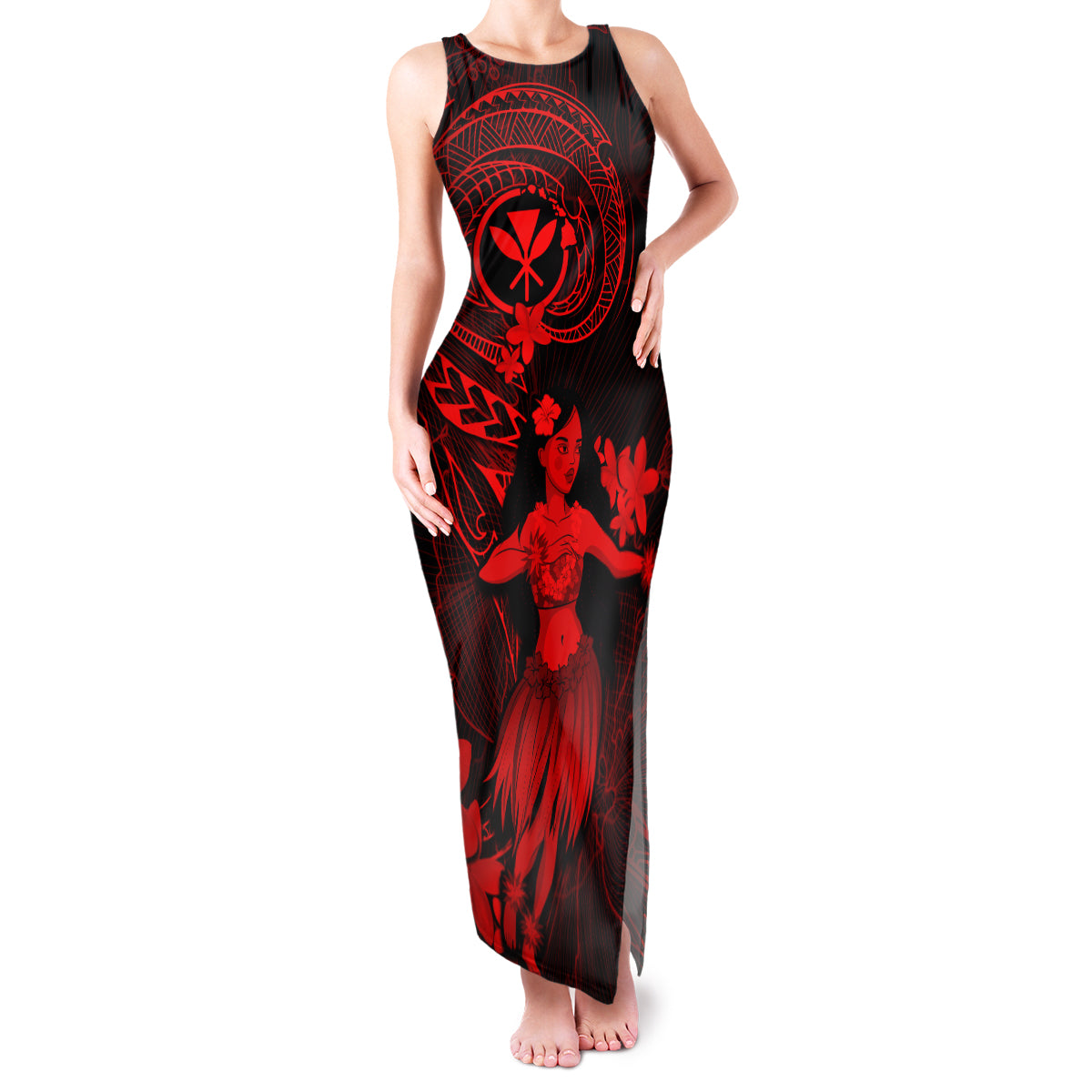 Hawaii Family Matching Tank Maxi Dress and Hawaiian Shirt Hula Girl Mix Polynesian Plumeria Red Version LT14 Mom's Dress Red - Polynesian Pride