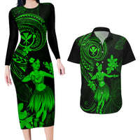 Hawaii Couples Matching Long Sleeve Bodycon Dress and Hawaiian Shirt Hula Girl Mix Polynesian Plumeria Green Version LT14 Green - Polynesian Pride
