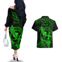 Hawaii Couples Matching Off The Shoulder Long Sleeve Dress and Hawaiian Shirt Hula Girl Mix Polynesian Plumeria Green Version LT14 - Polynesian Pride