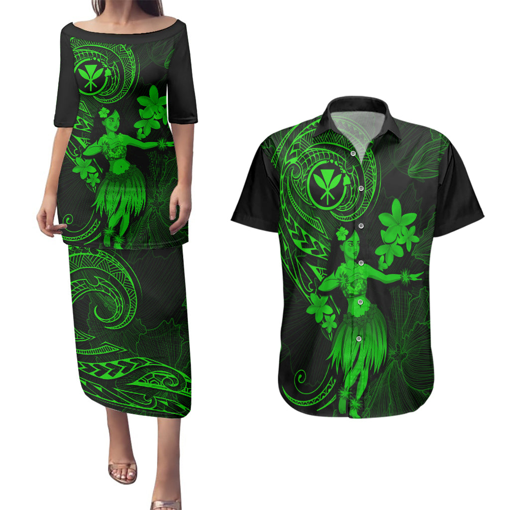 Hawaii Couples Matching Puletasi Dress and Hawaiian Shirt Hula Girl Mix Polynesian Plumeria Green Version LT14 Green - Polynesian Pride