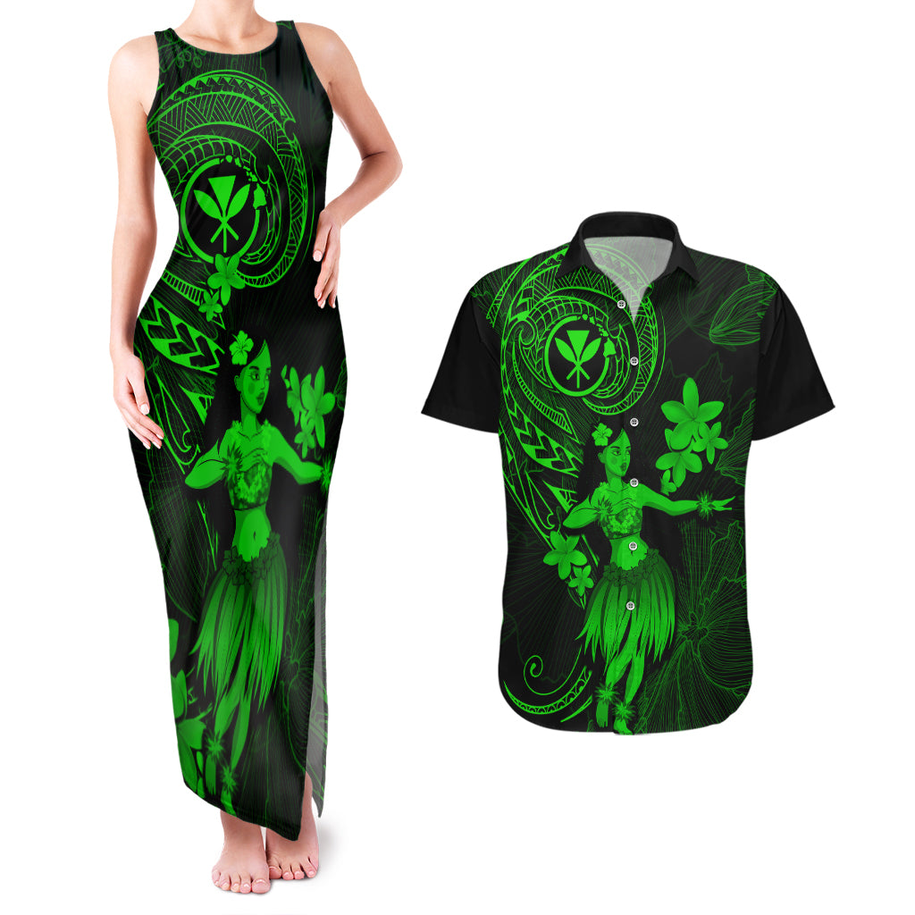 Hawaii Couples Matching Tank Maxi Dress and Hawaiian Shirt Hula Girl Mix Polynesian Plumeria Green Version LT14 Green - Polynesian Pride