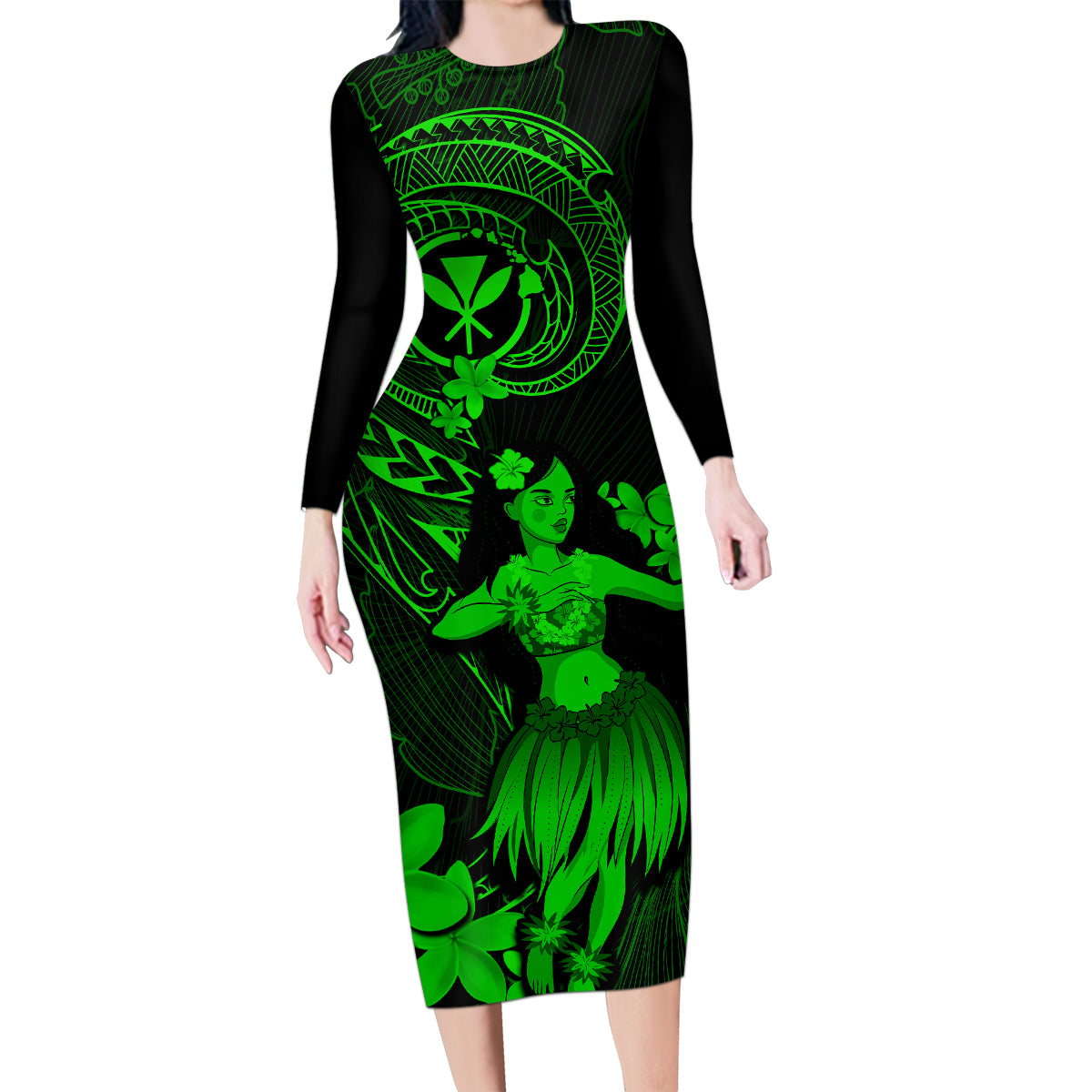 Hawaii Family Matching Long Sleeve Bodycon Dress and Hawaiian Shirt Hula Girl Mix Polynesian Plumeria Green Version LT14 Mom's Dress Green - Polynesian Pride