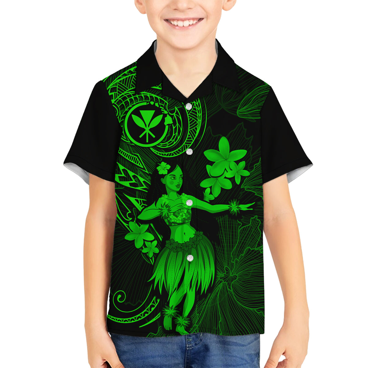 Hawaii Family Matching Off Shoulder Long Sleeve Dress and Hawaiian Shirt Hula Girl Mix Polynesian Plumeria Green Version LT14 Son's Shirt Green - Polynesian Pride