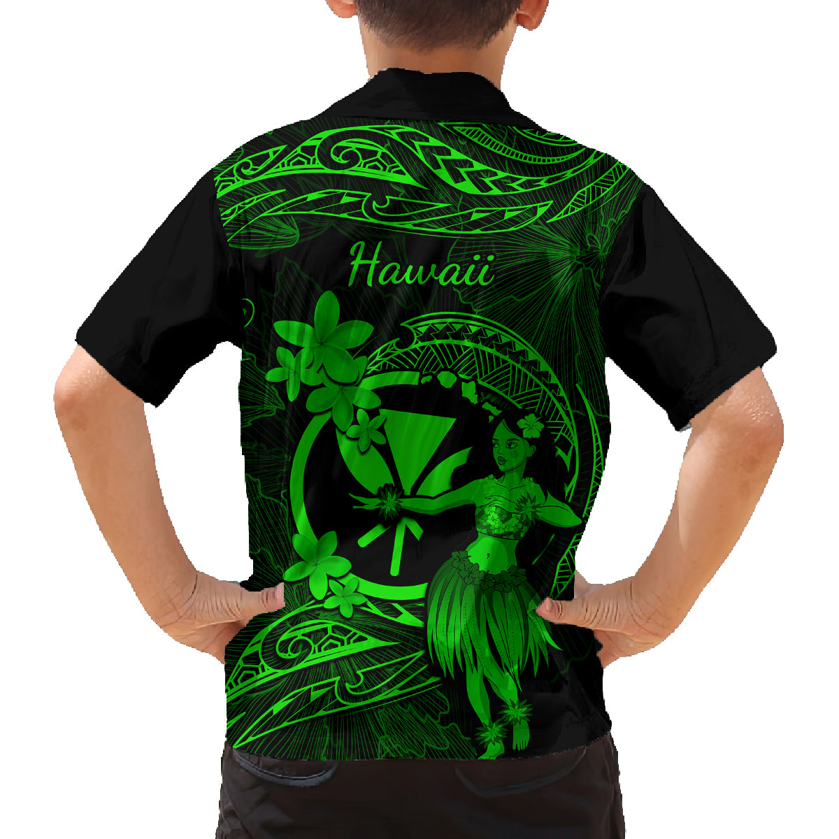 Hawaii Family Matching Off Shoulder Short Dress and Hawaiian Shirt Hula Girl Mix Polynesian Plumeria Green Version LT14 - Polynesian Pride