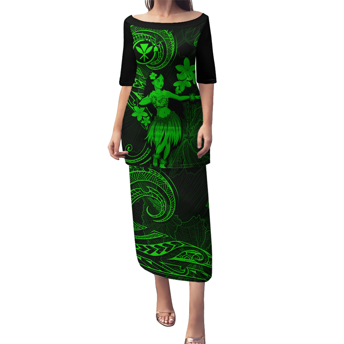 Hawaii Family Matching Puletasi Dress and Hawaiian Shirt Hula Girl Mix Polynesian Plumeria Green Version LT14 Mom's Dress Green - Polynesian Pride