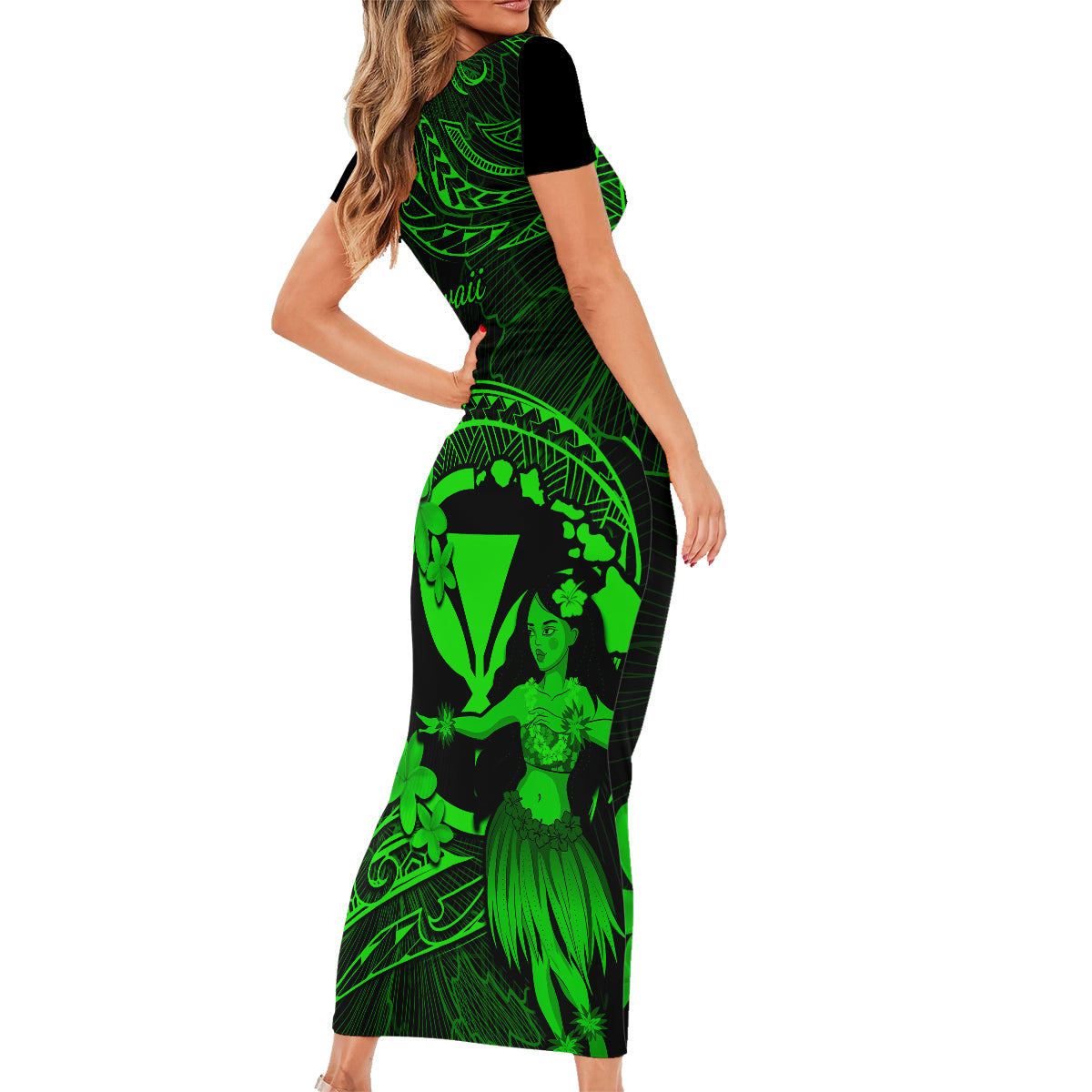 Hawaii Family Matching Short Sleeve Bodycon Dress and Hawaiian Shirt Hula Girl Mix Polynesian Plumeria Green Version LT14 - Polynesian Pride