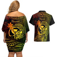 Hawaii Couples Matching Off Shoulder Short Dress and Hawaiian Shirt King Kamehameha Mix Polynesian Plumeria Reggae Version LT14 - Polynesian Pride