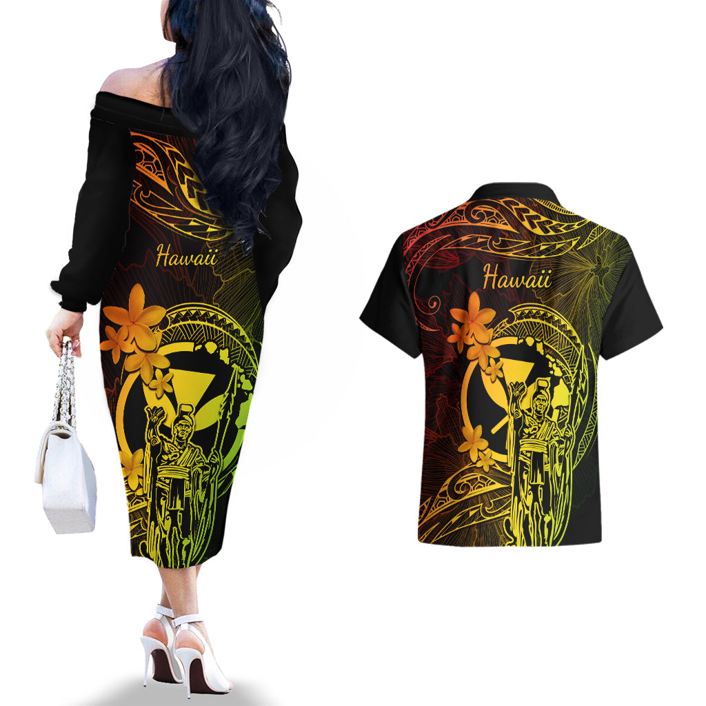 Hawaii Couples Matching Off The Shoulder Long Sleeve Dress and Hawaiian Shirt King Kamehameha Mix Polynesian Plumeria Reggae Version LT14 - Polynesian Pride