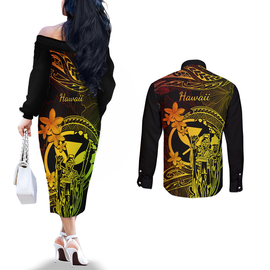 Hawaii Couples Matching Off The Shoulder Long Sleeve Dress and Long Sleeve Button Shirts King Kamehameha Mix Polynesian Plumeria Reggae Version LT14 - Polynesian Pride