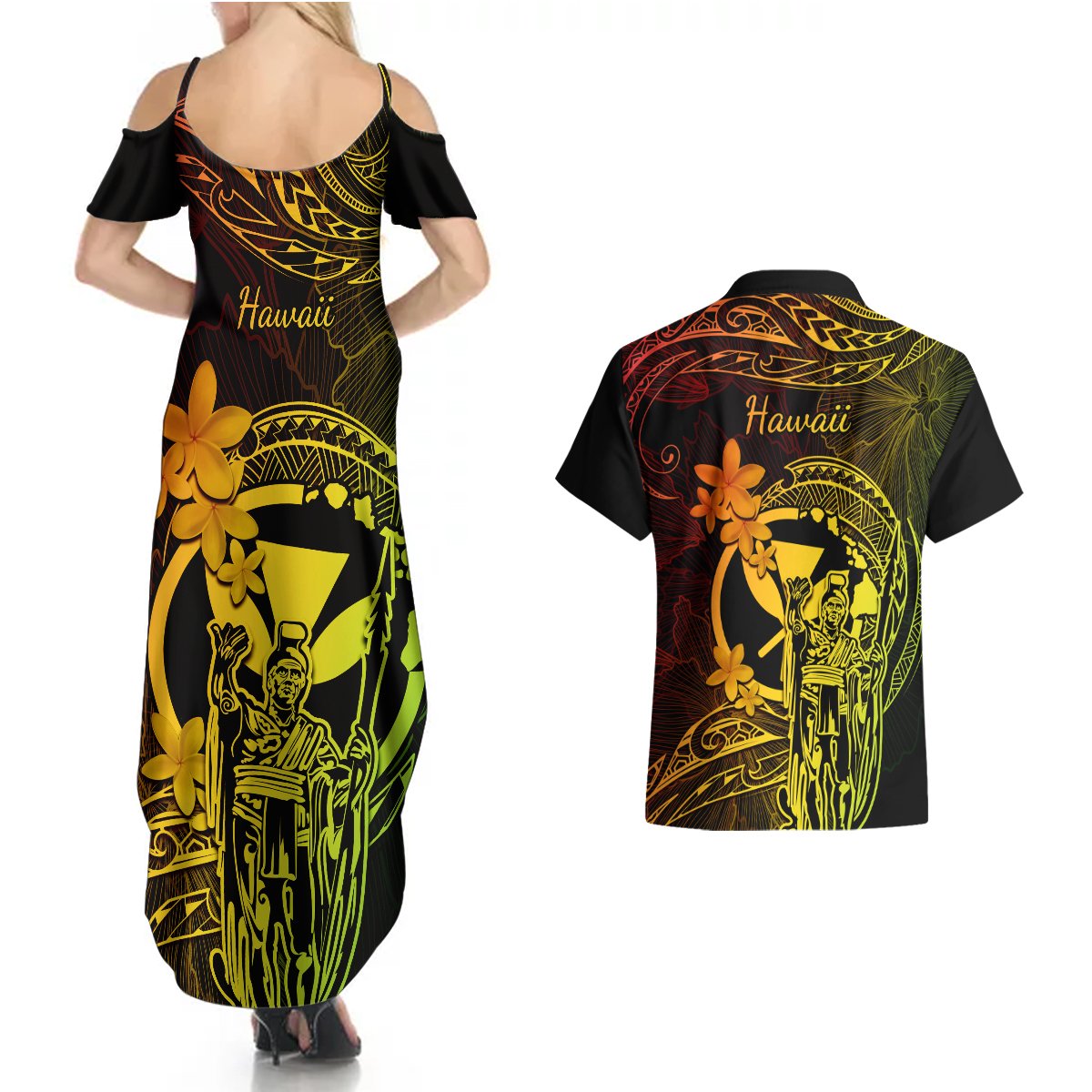 Hawaii Couples Matching Summer Maxi Dress and Hawaiian Shirt King Kamehameha Mix Polynesian Plumeria Reggae Version LT14 - Polynesian Pride