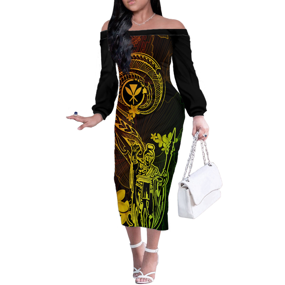 Hawaii Family Matching Off Shoulder Long Sleeve Dress and Hawaiian Shirt King Kamehameha Mix Polynesian Plumeria Reggae Version LT14 Mom's Dress Reggae - Polynesian Pride