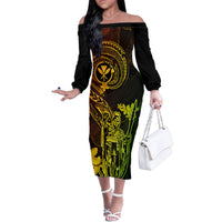 Hawaii Family Matching Off Shoulder Long Sleeve Dress and Hawaiian Shirt King Kamehameha Mix Polynesian Plumeria Reggae Version LT14 Mom's Dress Reggae - Polynesian Pride