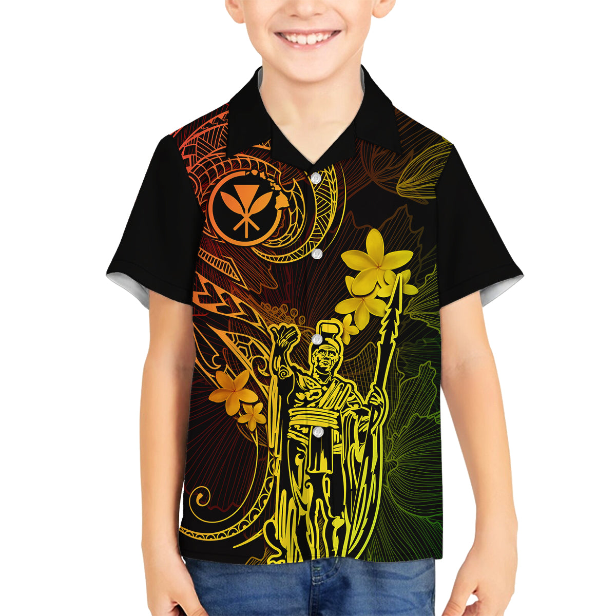 Hawaii Family Matching Off Shoulder Long Sleeve Dress and Hawaiian Shirt King Kamehameha Mix Polynesian Plumeria Reggae Version LT14 Son's Shirt Reggae - Polynesian Pride