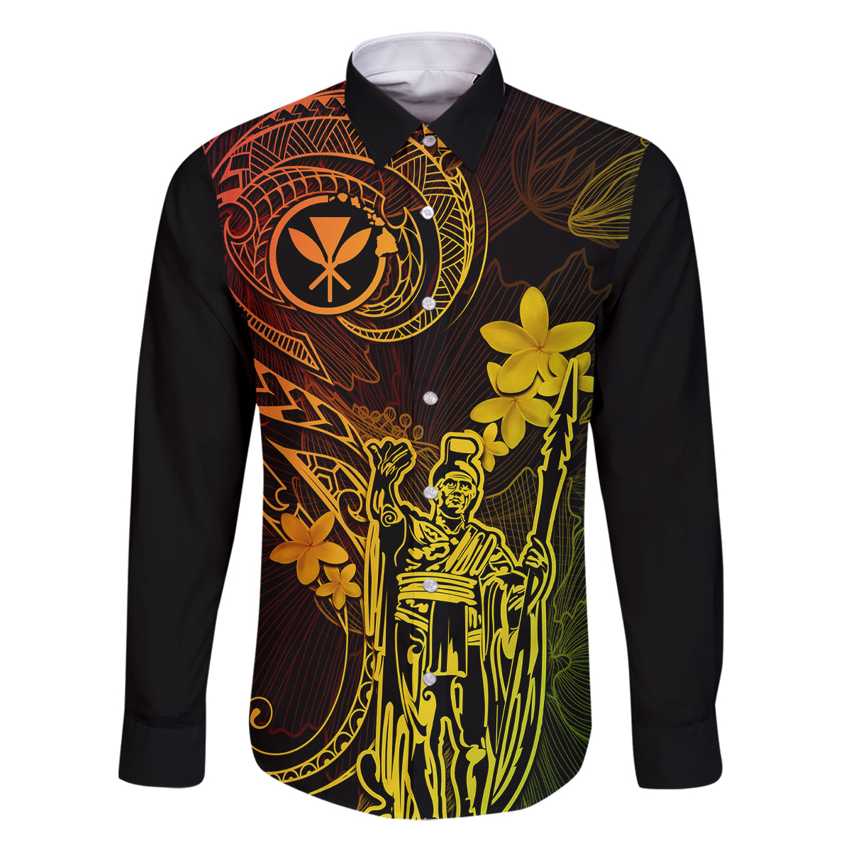 Hawaii Family Matching Off Shoulder Maxi Dress and Hawaiian Shirt King Kamehameha Mix Polynesian Plumeria Reggae Version LT14 Dad's Shirt - Long Sleeve Reggae - Polynesian Pride