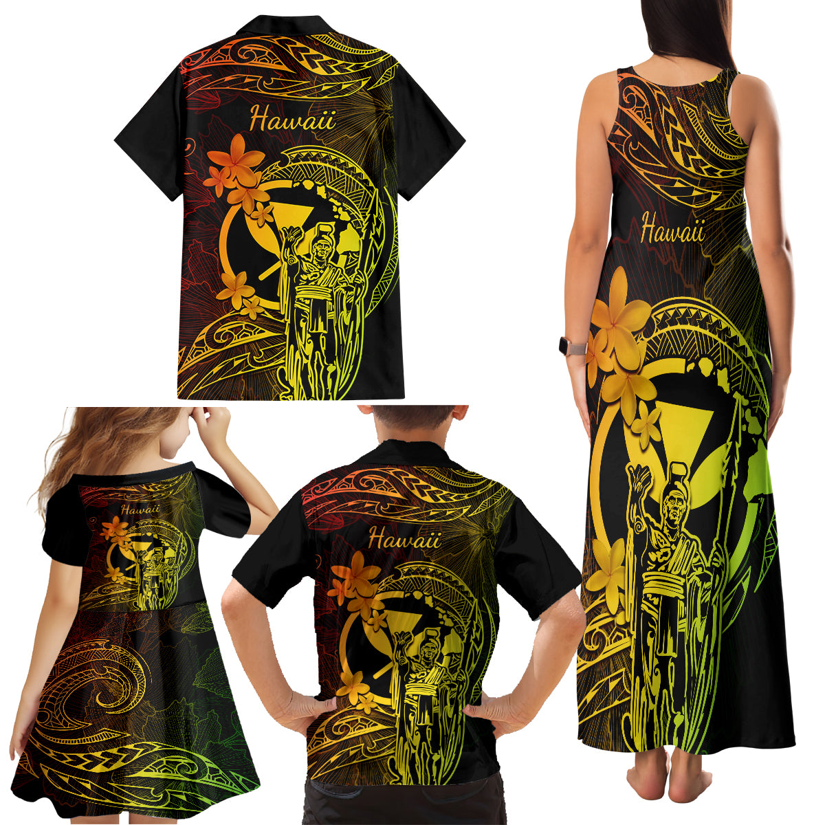 Hawaii Family Matching Tank Maxi Dress and Hawaiian Shirt King Kamehameha Mix Polynesian Plumeria Reggae Version LT14 - Polynesian Pride