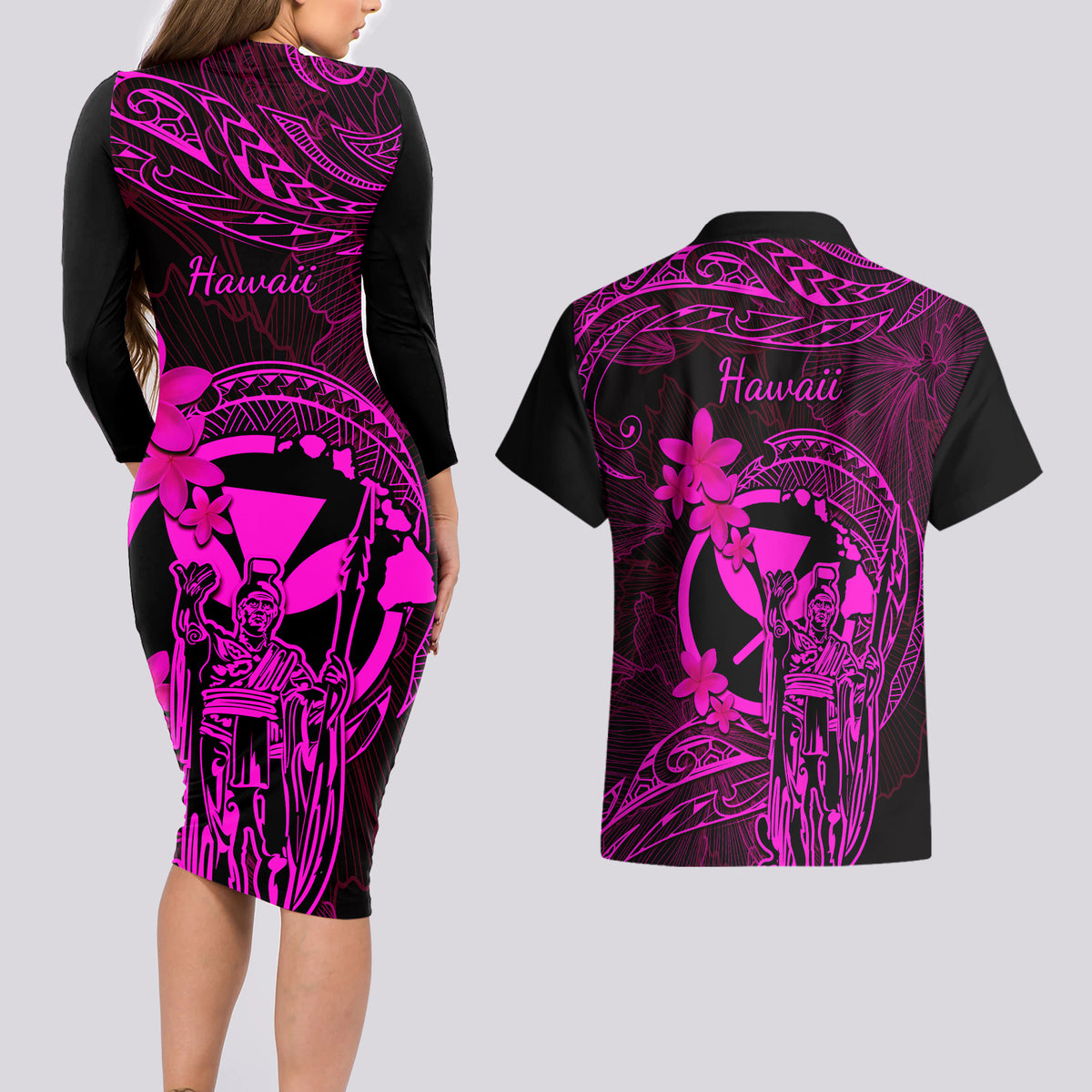 Hawaii Couples Matching Long Sleeve Bodycon Dress and Hawaiian Shirt King Kamehameha Mix Polynesian Plumeria Pink Version LT14 - Polynesian Pride