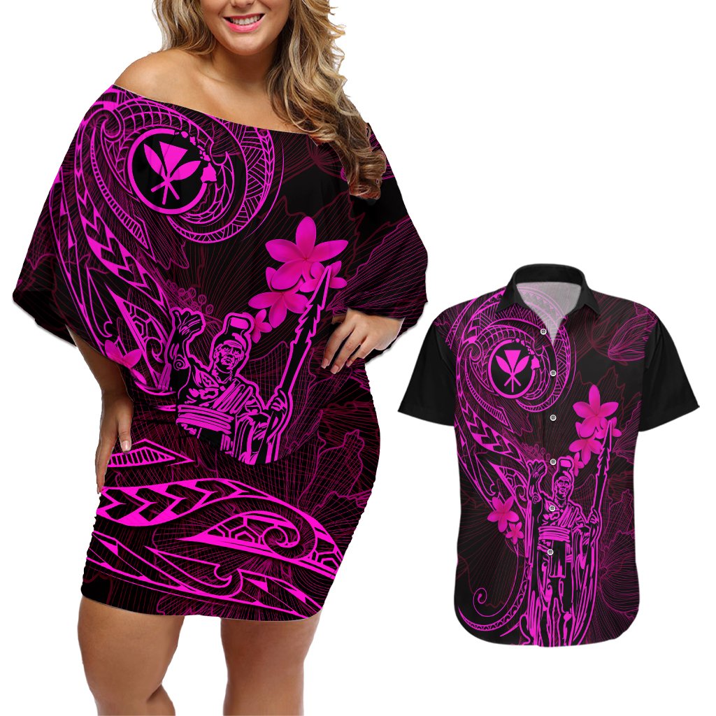 Hawaii Couples Matching Off Shoulder Short Dress and Hawaiian Shirt King Kamehameha Mix Polynesian Plumeria Pink Version LT14 Pink - Polynesian Pride