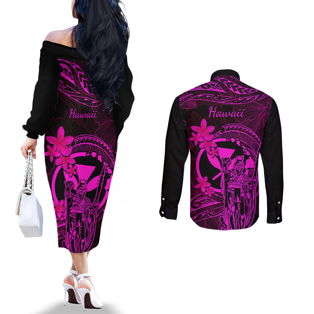 Hawaii Couples Matching Off The Shoulder Long Sleeve Dress and Long Sleeve Button Shirts King Kamehameha Mix Polynesian Plumeria Pink Version LT14 - Polynesian Pride