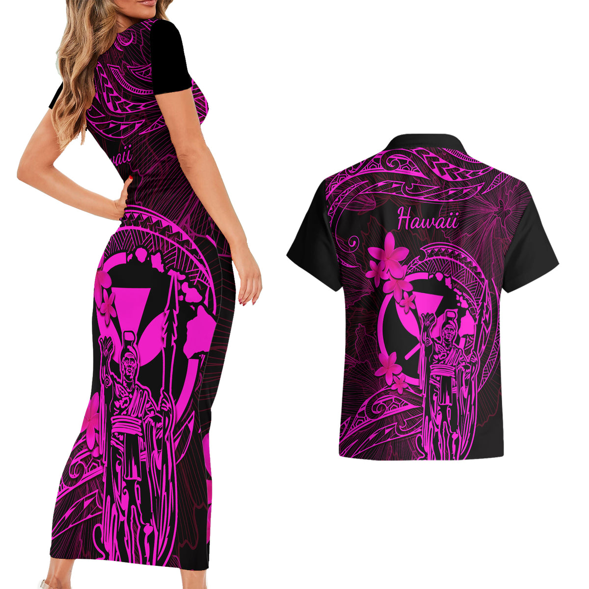 Hawaii Couples Matching Short Sleeve Bodycon Dress and Hawaiian Shirt King Kamehameha Mix Polynesian Plumeria Pink Version LT14 - Polynesian Pride