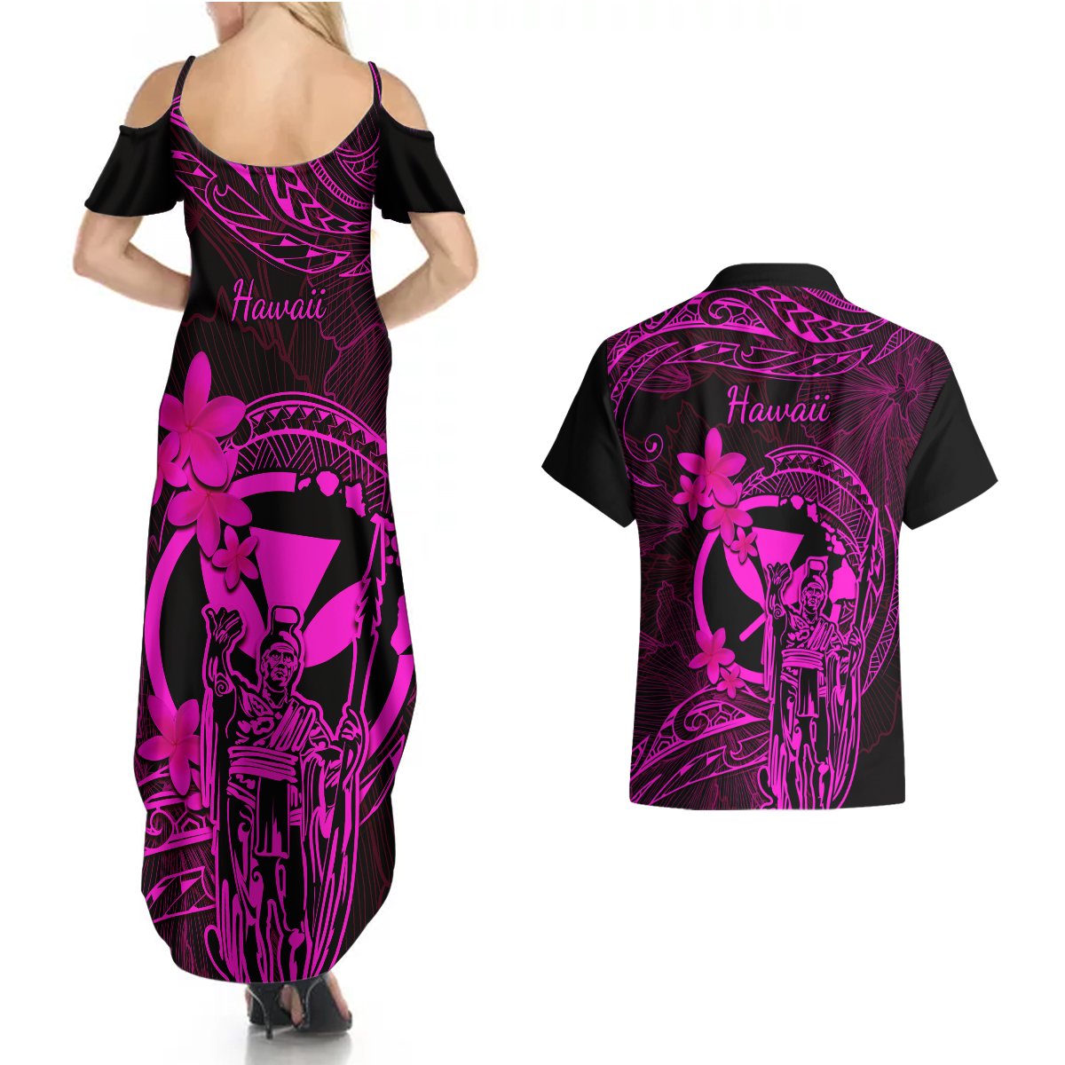 Hawaii Couples Matching Summer Maxi Dress and Hawaiian Shirt King Kamehameha Mix Polynesian Plumeria Pink Version LT14 - Polynesian Pride