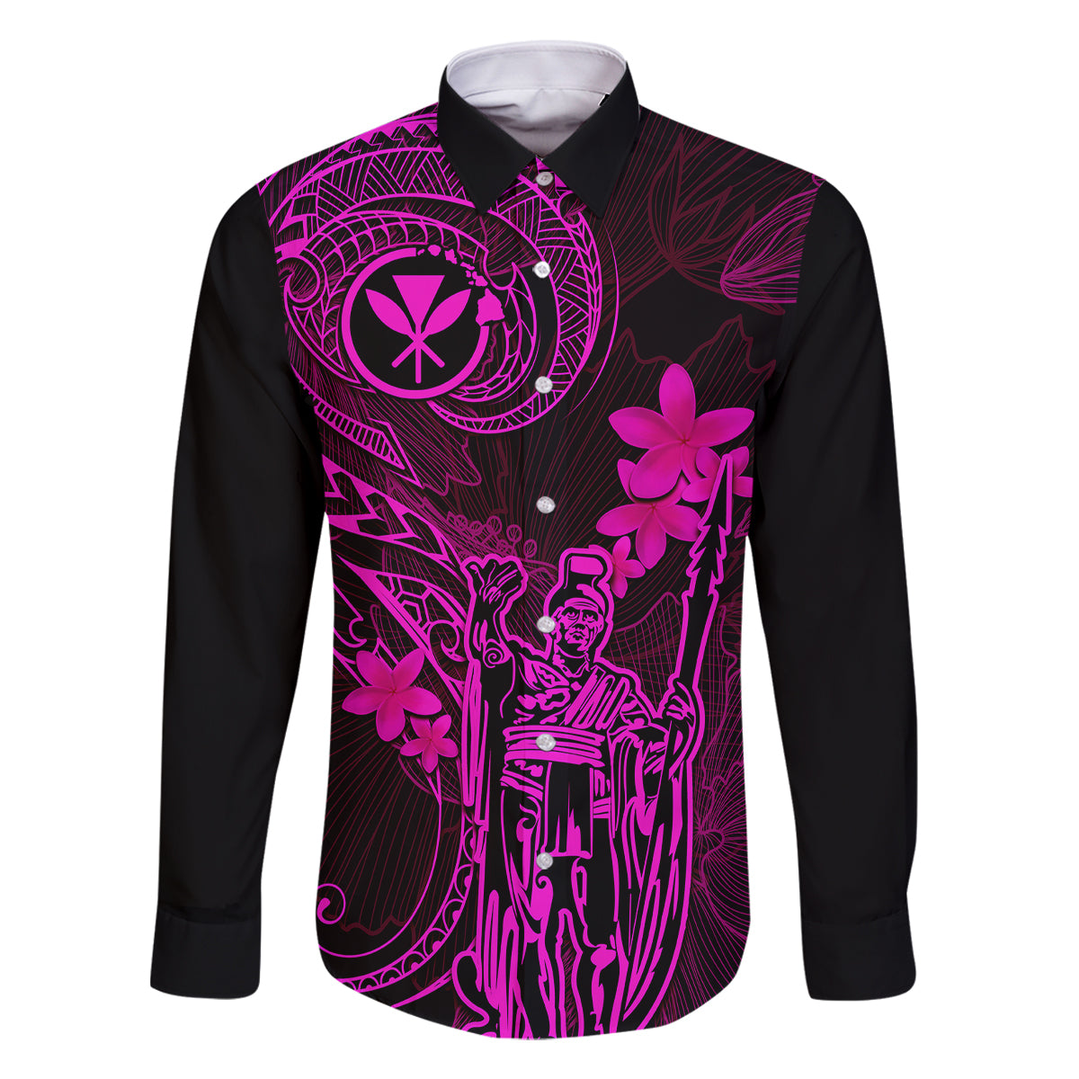 Hawaii Family Matching Off Shoulder Long Sleeve Dress and Hawaiian Shirt King Kamehameha Mix Polynesian Plumeria Pink Version LT14 Dad's Shirt - Long Sleeve Pink - Polynesian Pride