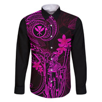 Hawaii Family Matching Off Shoulder Long Sleeve Dress and Hawaiian Shirt King Kamehameha Mix Polynesian Plumeria Pink Version LT14 Dad's Shirt - Long Sleeve Pink - Polynesian Pride