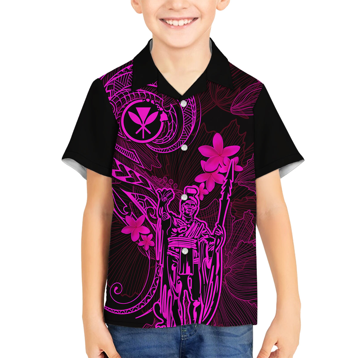 Hawaii Family Matching Off Shoulder Short Dress and Hawaiian Shirt King Kamehameha Mix Polynesian Plumeria Pink Version LT14 Son's Shirt Pink - Polynesian Pride