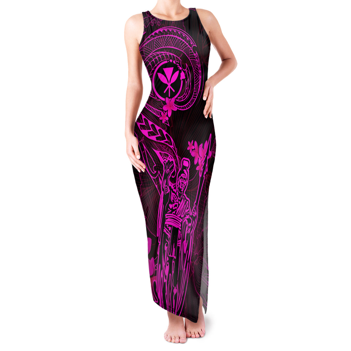 Hawaii Family Matching Tank Maxi Dress and Hawaiian Shirt King Kamehameha Mix Polynesian Plumeria Pink Version LT14 Mom's Dress Pink - Polynesian Pride