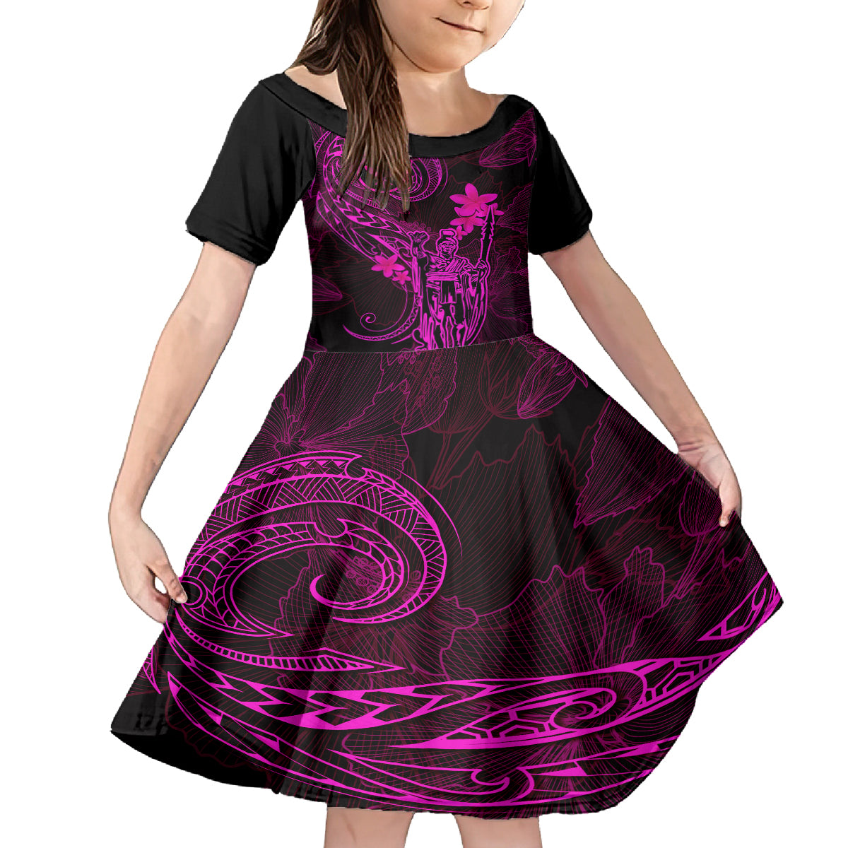 Hawaii Kid Short Sleeve Dress King Kamehameha Mix Polynesian Plumeria Pink Version LT14 KID Pink - Polynesian Pride