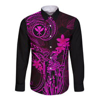 Hawaii Long Sleeve Button Shirt King Kamehameha Mix Polynesian Plumeria Pink Version LT14 Unisex Pink - Polynesian Pride