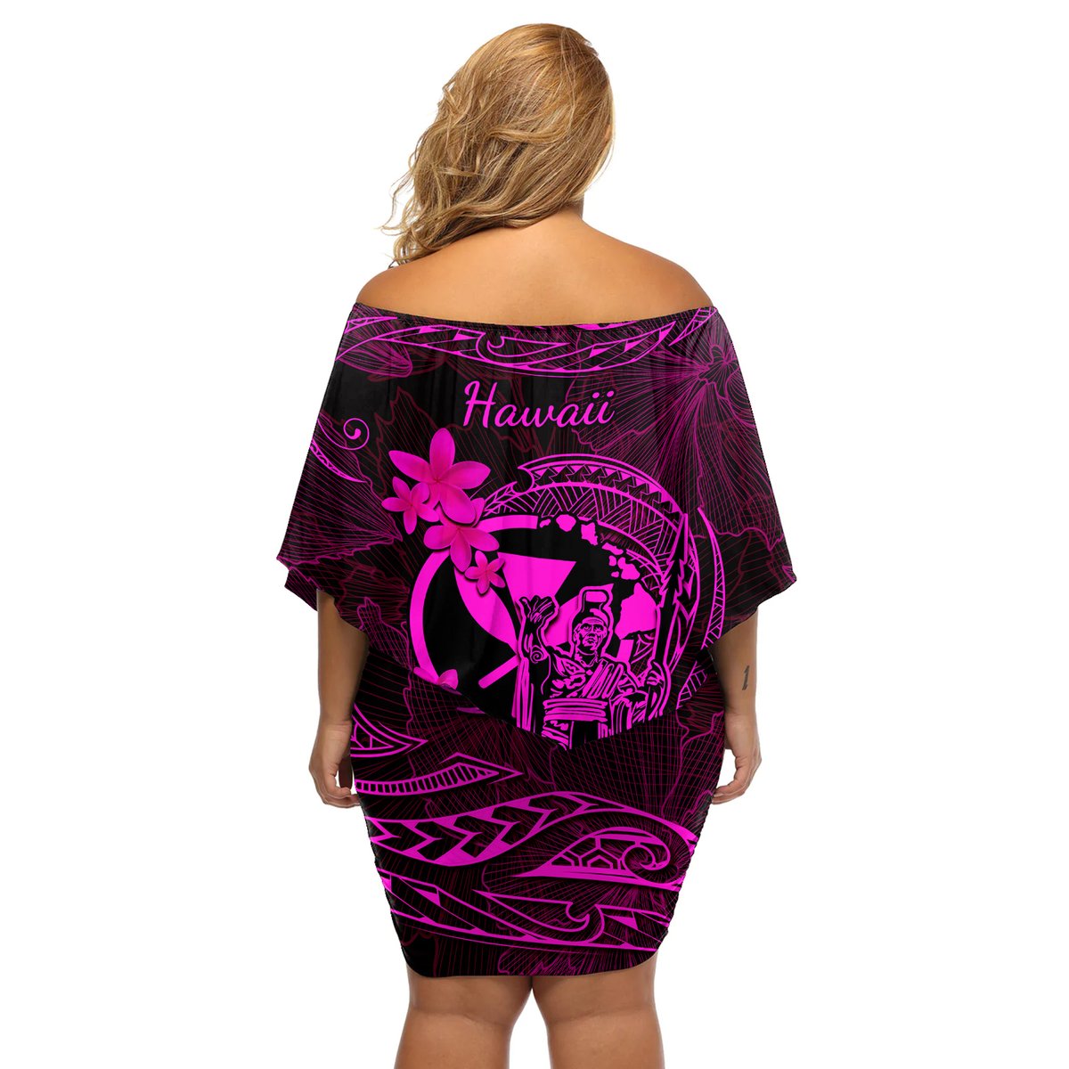 Hawaii Off Shoulder Short Dress King Kamehameha Mix Polynesian Plumeria Pink Version LT14 - Polynesian Pride