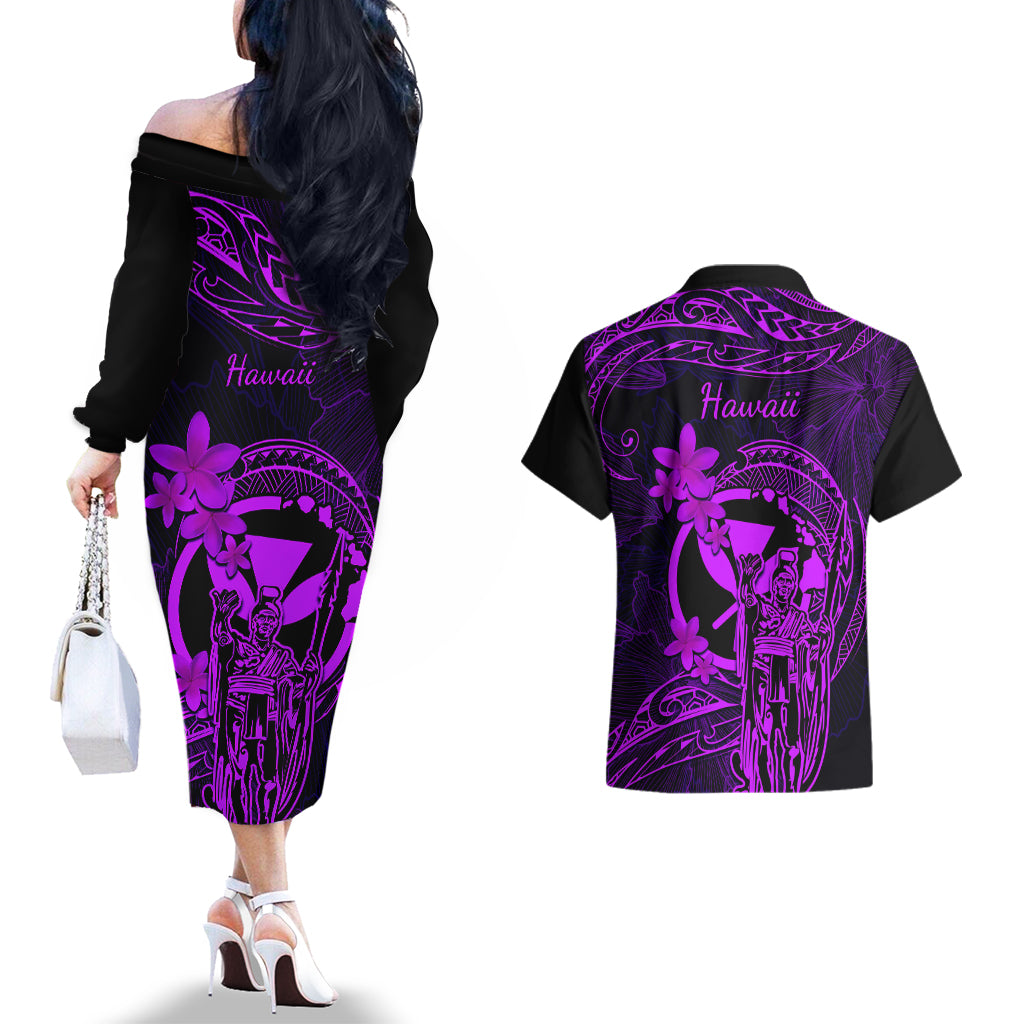 Hawaii Couples Matching Off The Shoulder Long Sleeve Dress and Hawaiian Shirt King Kamehameha Mix Polynesian Plumeria Purple Version LT14 - Polynesian Pride