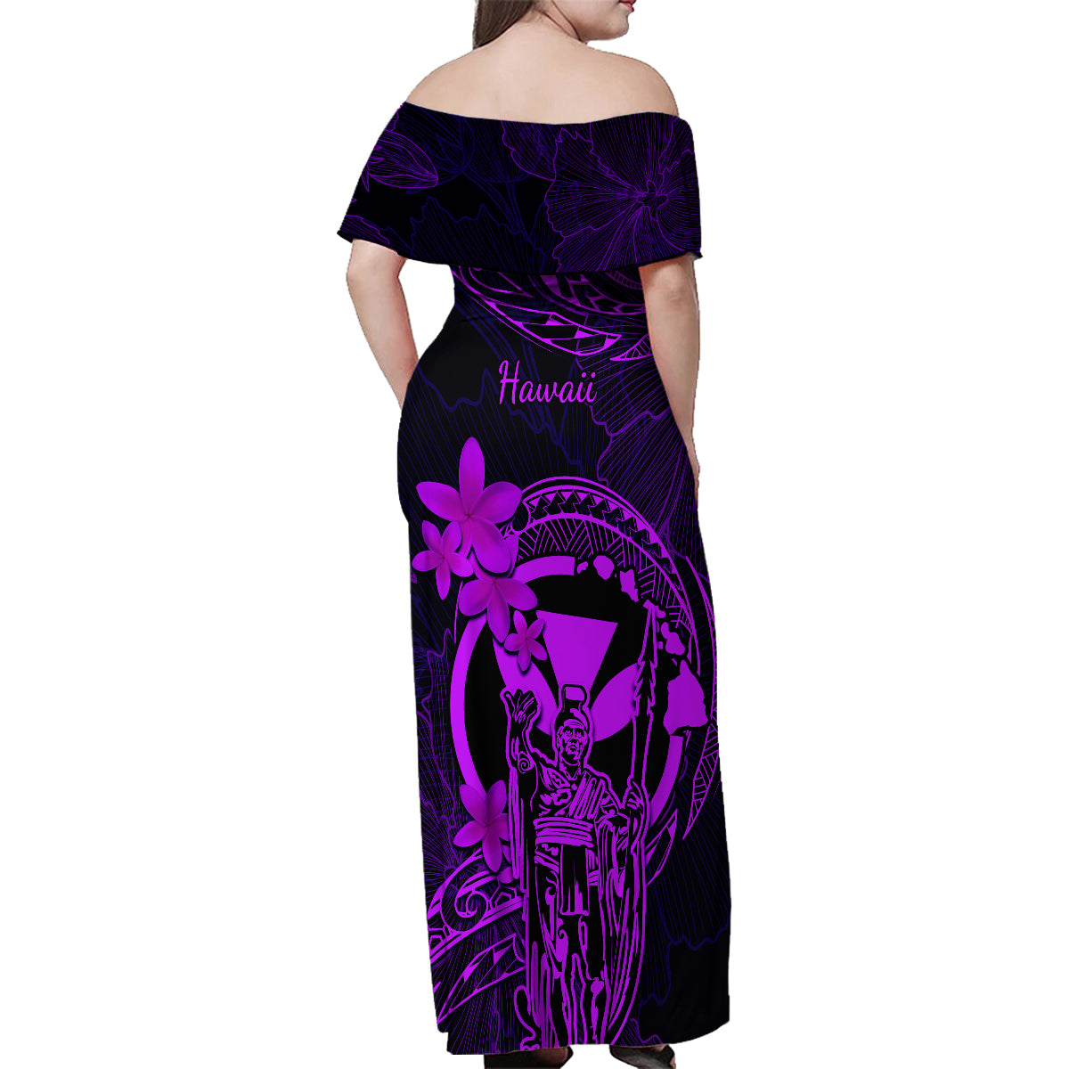 Hawaii Family Matching Off Shoulder Maxi Dress and Hawaiian Shirt King Kamehameha Mix Polynesian Plumeria Purple Version LT14 - Polynesian Pride