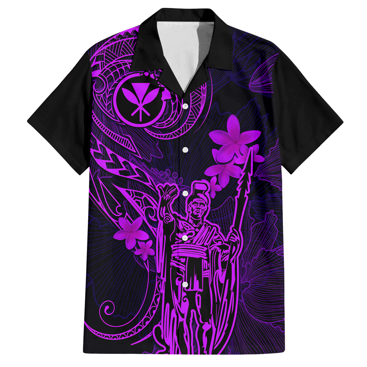 Hawaii Family Matching Off Shoulder Short Dress and Hawaiian Shirt King Kamehameha Mix Polynesian Plumeria Purple Version LT14 Dad's Shirt - Short Sleeve Purple - Polynesian Pride