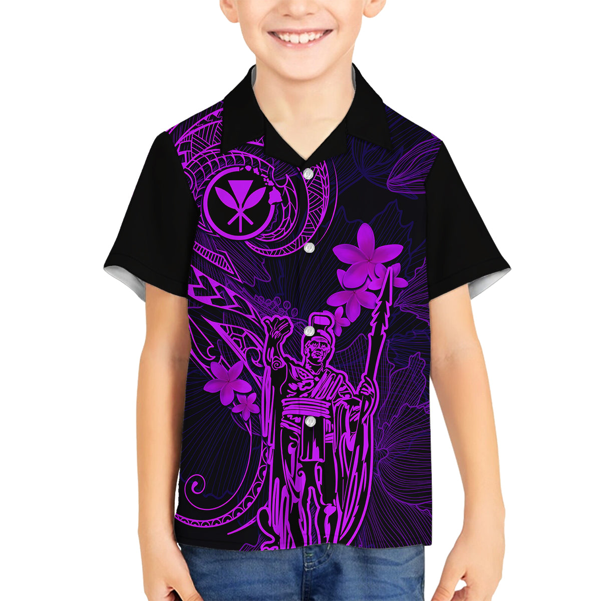 Hawaii Kid Hawaiian Shirt King Kamehameha Mix Polynesian Plumeria Purple Version LT14 - Polynesian Pride