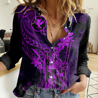 Hawaii Women Casual Shirt King Kamehameha Mix Polynesian Plumeria Purple Version LT14 Female Purple - Polynesian Pride