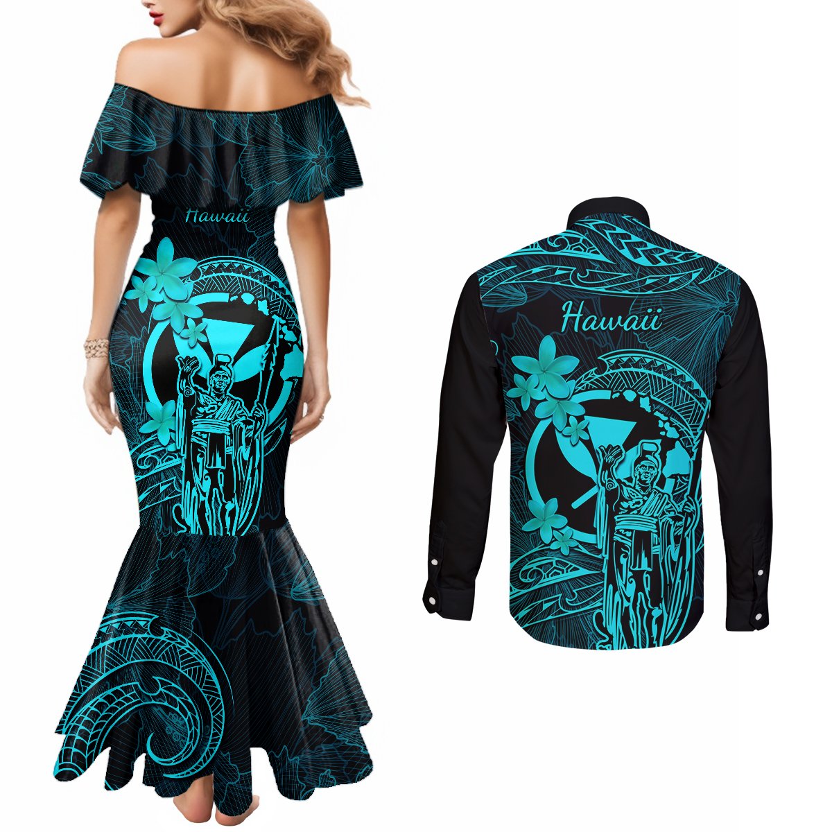 Hawaii Couples Matching Mermaid Dress and Long Sleeve Button Shirts King Kamehameha Mix Polynesian Plumeria Turquoise Version LT14 - Polynesian Pride